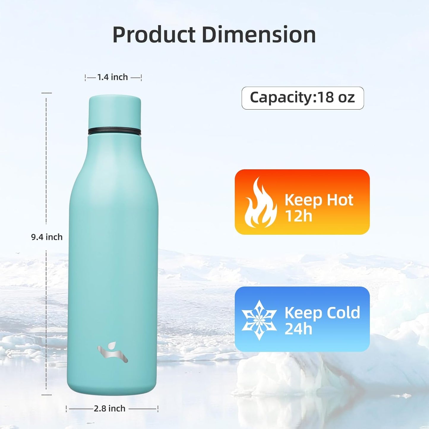 Insulated Water Bottle with Strap,18 oz Double Wall Stainless Steel Vacuum Bottles Metal Water Flask,Turquoise