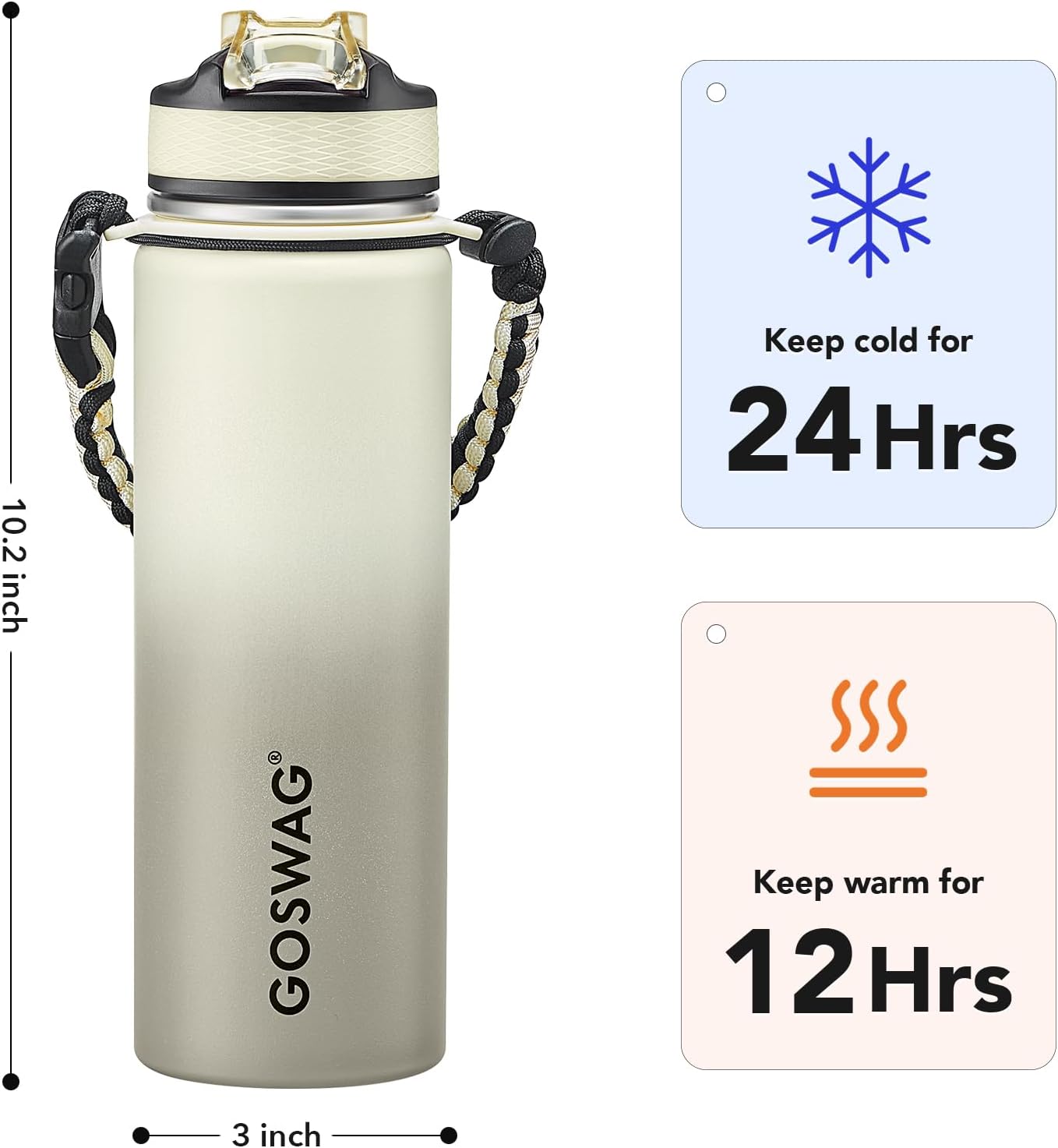 GOSWAG Insulated Sports Water Bottle, 24oz 2 Lids(with Straw/No Straw), Stainless Steel Water Bottles with Paracord Handle, Insulated Bottle with Double-Wall Vacuum Insulation