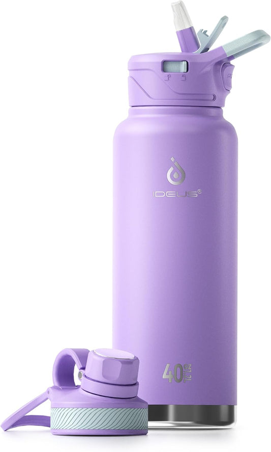 IDEUS Insulated Stainless Steel Water Bottle with 2 Leak-Proof Lids, Thermal Water Flask for Hiking Biking, 40oz, Violet