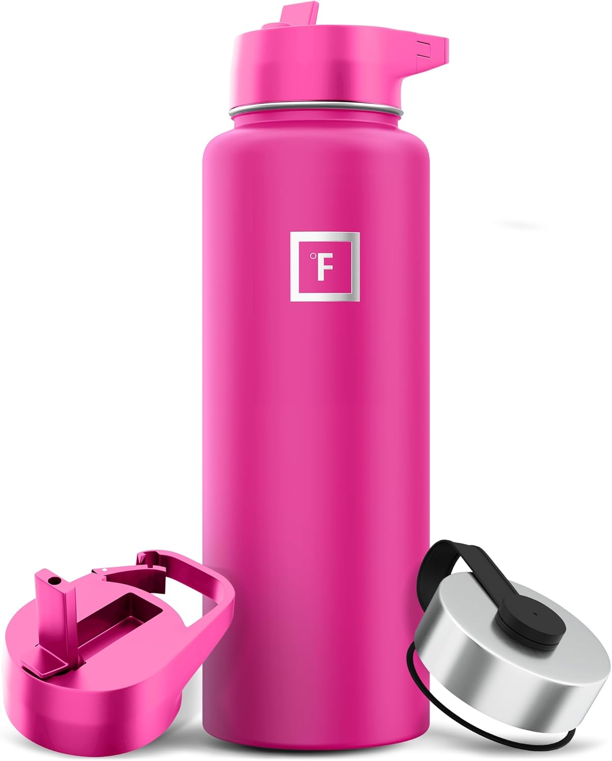 IRON °FLASK Camping & Hiking Hydration Flask with 3 Lids - Stainless Steel, Double Walled & Vacuum Insulated Water Bottle - Leak Proof & BPA Free (Pink Tulip, Straw - 40 oz)