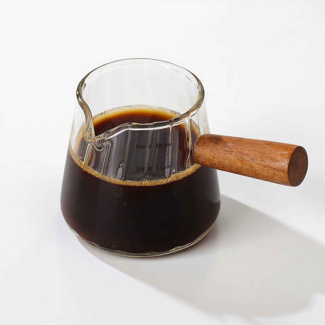Espresso Cups 6oz/180ml Measuring Cups Glass Espresso Shot Cups Ribbed Espresso Shot Glass with Wooden Handle,Coffee Bar Accessories Milk Frothing Pitcher