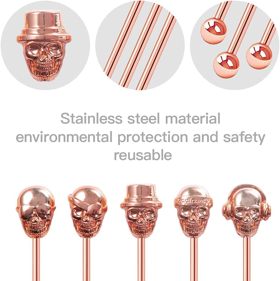 Skull Shape Swizzle Sticks, Reusable Stainless Steel Coffee Beverage Stirrers Cocktail, 5-Pack Drink Stir Sticks for Bar Party Home Office (Rose Gold)