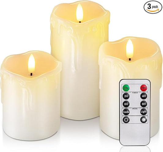 Homemory Dripping Wax Flameless LED Pillar Candles, Battery Operated with Remote Control and Timer, Set of 3, 5" H x 4" W x 6" D