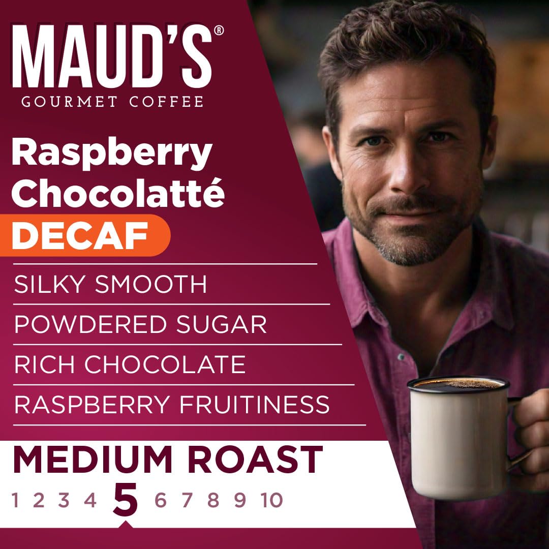 Maud's Decaf Raspberry Chocolate Flavored Coffee Pods, 18 ct, Decaffeinated Medium Roast Flavored Coffee in Recyclable Single Serve Pods – 100% Arabica Beans, Compatible with Keurig K Cups Maker