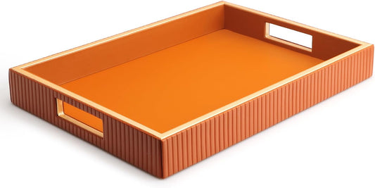 SANZIE Leather Tray Desktop Storage Organizer Premium Serving Tray Decorative Tray Valet Tray for Sundries Cosmetics Phone Wallet Cutlery, Rectangular, Orange