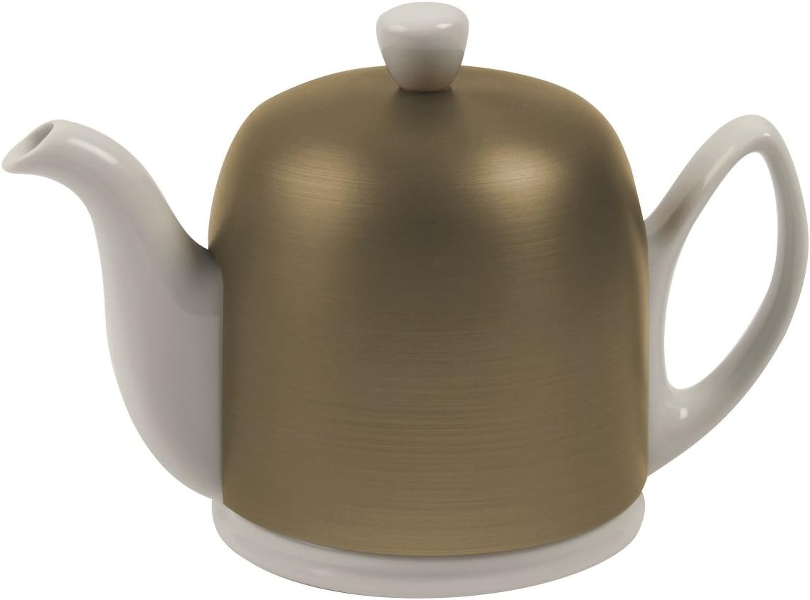 Salam Luxury French Tea Pot - Porcelain Teapot with Bronze Stainless Steel Cover, Ceramic Tea Kettle for Loose Tea, Removable Infuser, 6 Cup Capacity, 36oz - White