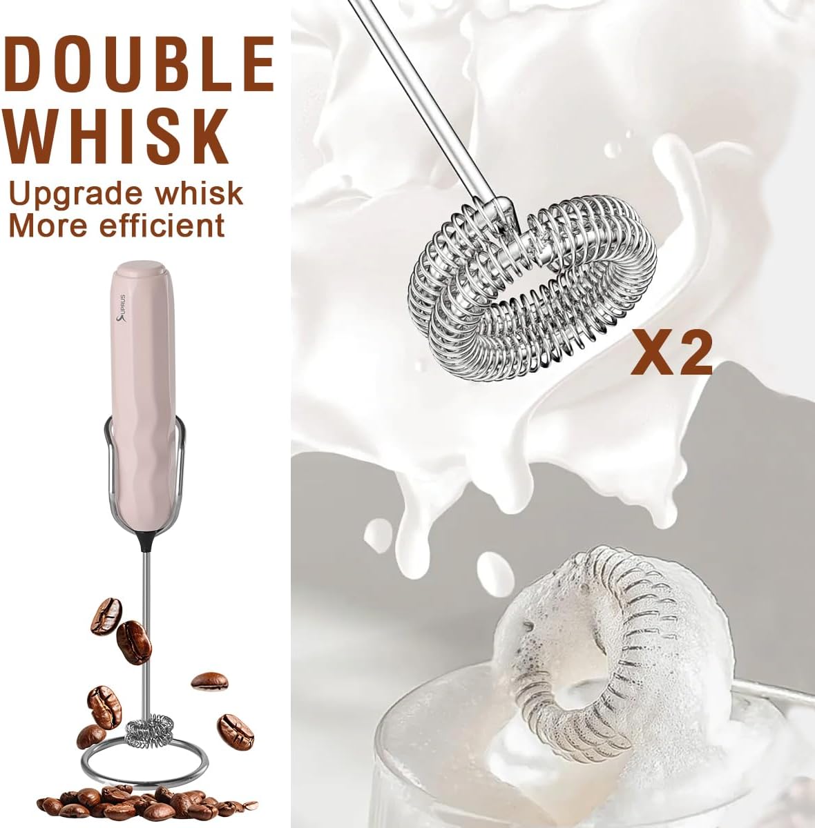 SUPRUS Ultra Fast Handheld Milk Frother Double Whisk with Stand 2 Batteries Stainless Steel for Lattes Cappuccino Matcha Hot Chocolate Coffee Bar Accessories Kitchen Gadgets Gift