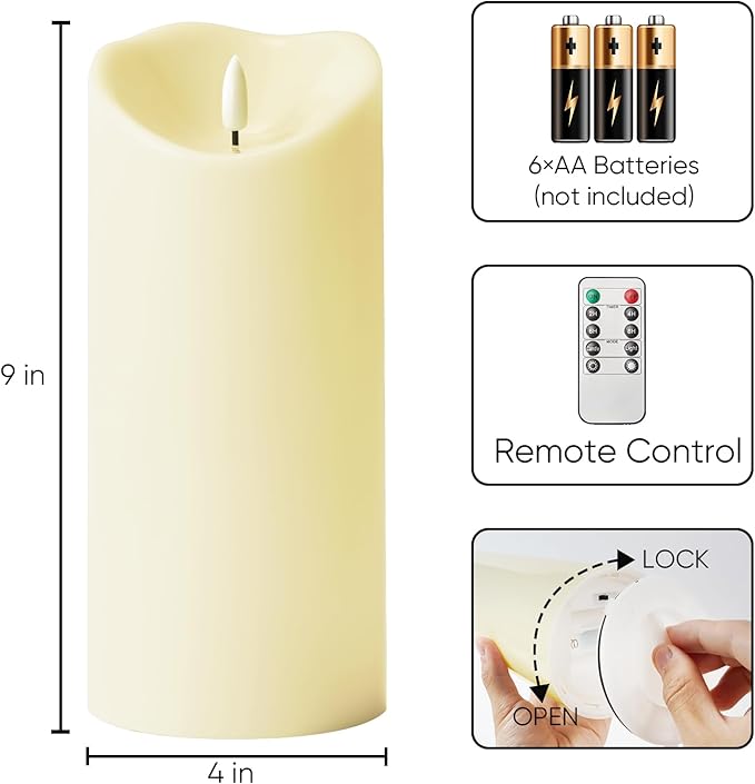 Homemory 4"x9" Outdoor Waterproof Flameless Candles with Timers and Remote Control, Battery Operated Candles, LED Plastic Candles, Dark Ivory, Set of 2