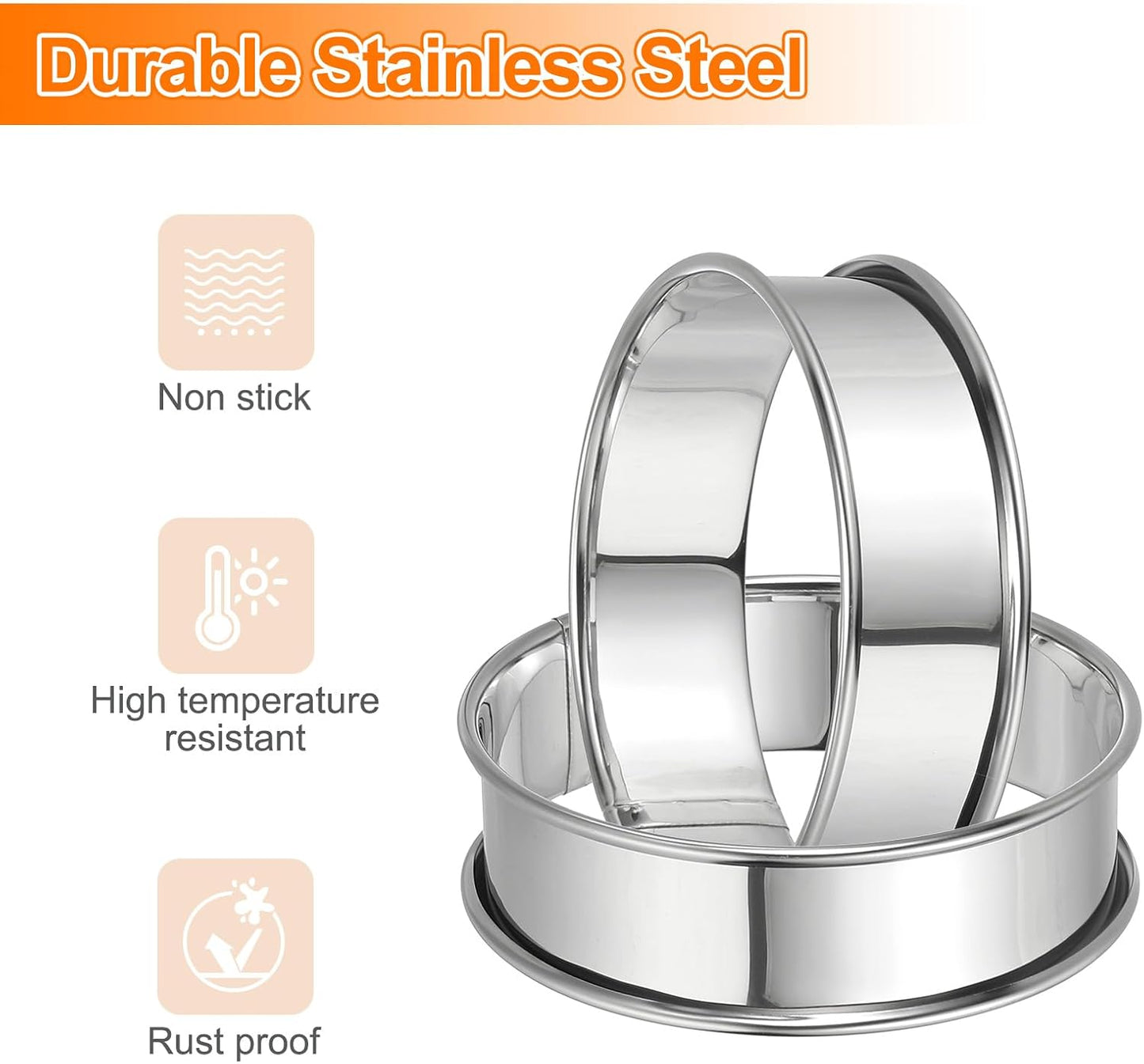 HARFINGTON 8pcs Crumpet Rings 3.94" Nonstick Round Cake Ring Stainless Steel Double Rolled English Pastry Rings for Kitchen Baking Crumpet Dessert, Silver