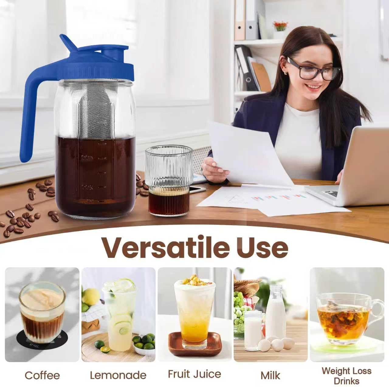 Cold Brew Coffee Maker,32 oz Mason Jar Pitcher with Stainless Steel Filter, Pour Spout Handle Lid, Heavy Duty Glass Airtight & Leak-Proof Pitcher for iced coffee Tea Lemonade-Blue