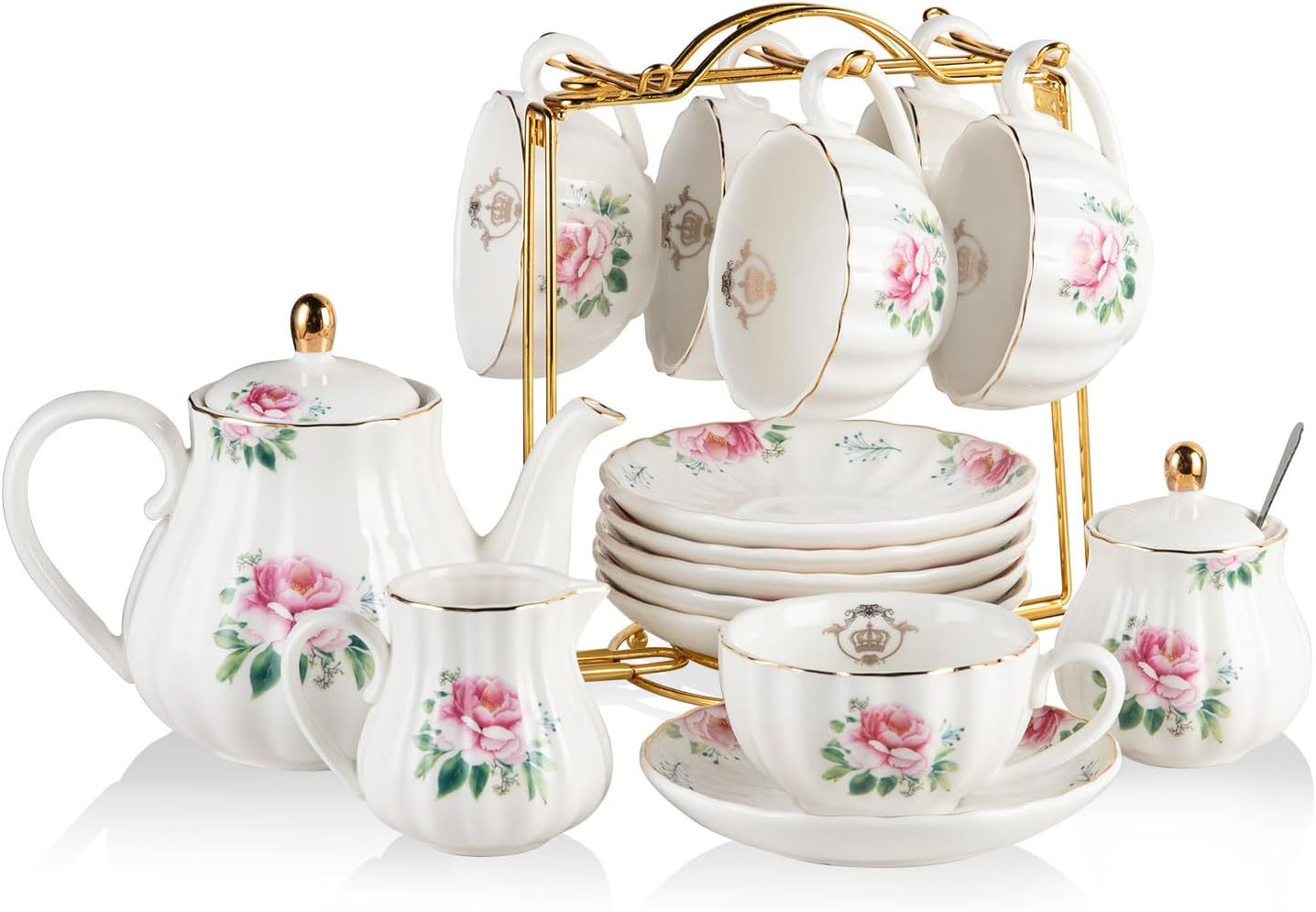 Porcelain Tea Sets British Royal Series, 8 OZ Cups & Saucer Service for 6, with Teapot Sugar Bowl Cream Pitcher Teaspoons and Tea Strainer, Suitable for High Tea, Wedding, Party(Blush Pink)