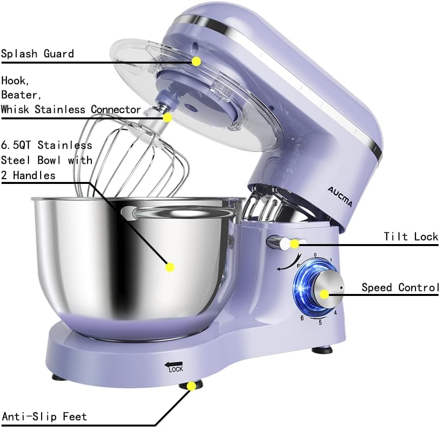 Aucma Stand Mixer,6.5-QT 660W 6-Speed Tilt-Head Food Mixer, Kitchen Electric Mixer with Dough Hook, Wire Whip & Beater (6.5QT, Lavender)