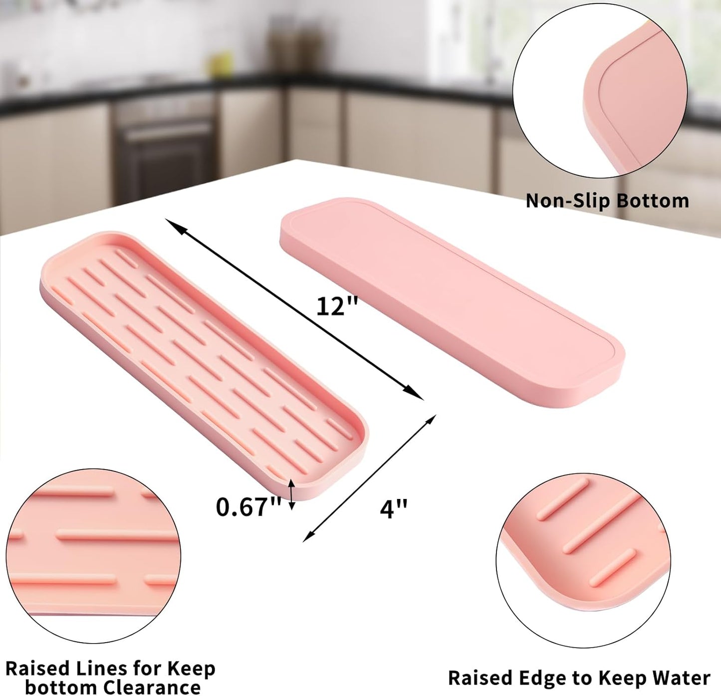 Silicone Kitchen Sink Organizer Tray for Multiple Usage,Easy Clean,Eco-Friendly Sponges Holder for Kitchen Bathroom Counter or Sink,Dish Soap Dispenser,Scrubber,Bottle,Cup Pink 12" x 4”