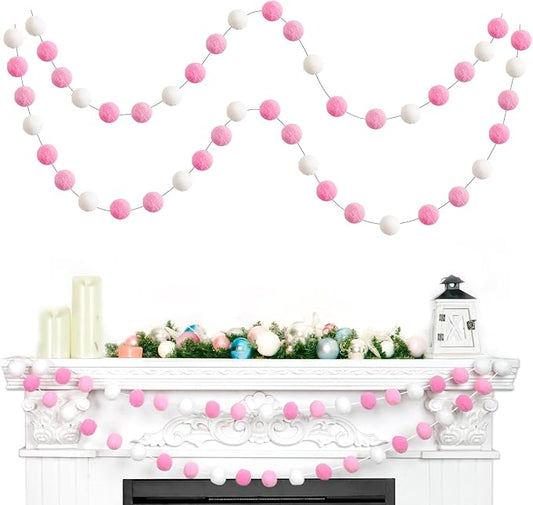 TBD Decor 2pk Pink Pom Pom Garland 13FT 4cm Large Felt Ball Garland Shower Decorationsfor Mantle,Indoor Holiday Wedding Birthday Gender Reveal Party Supplies