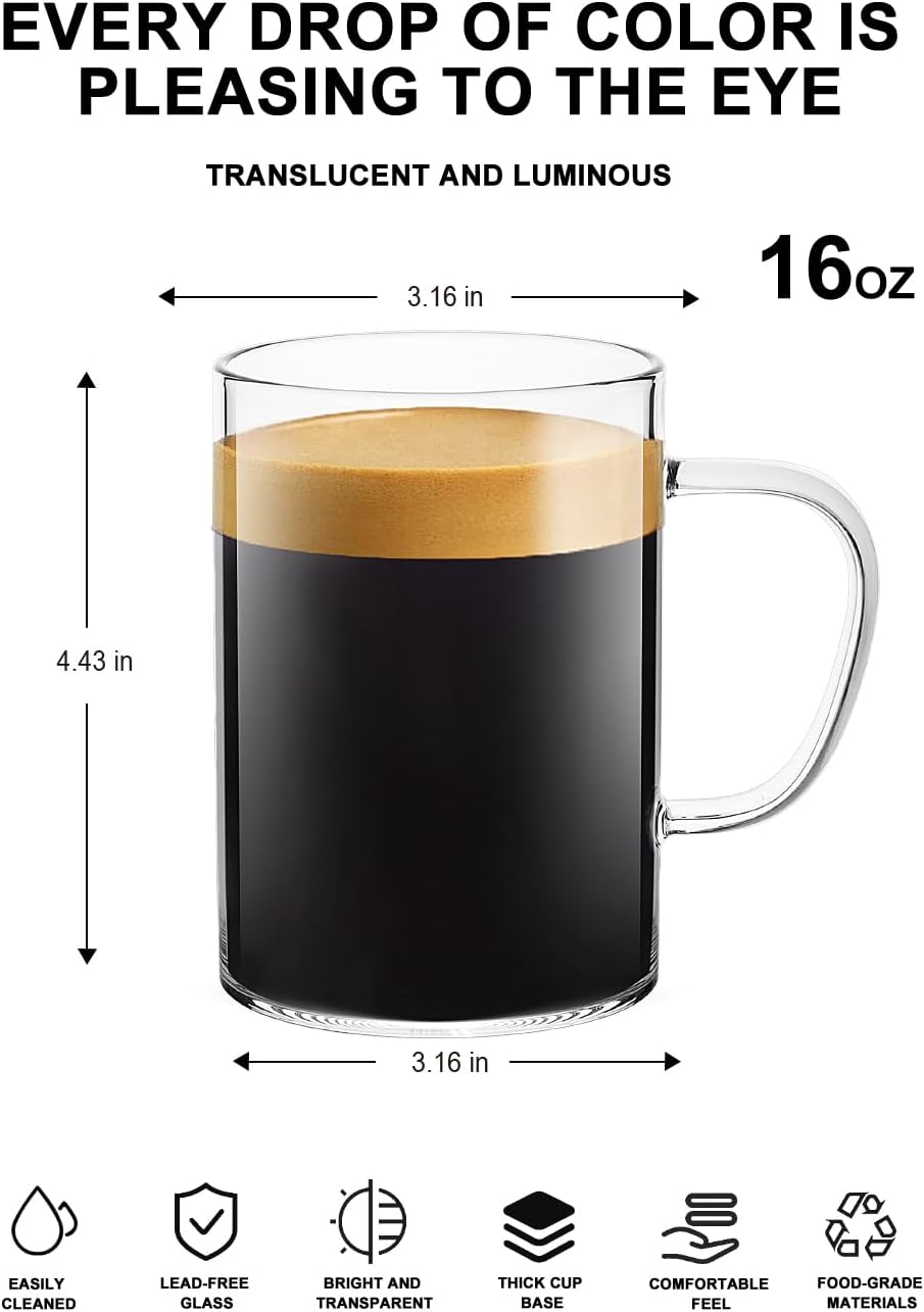 LUXU Glass Coffee Mugs 16 oz,Set of 4 Large Glass Coffee Cups Clear Tea Cups,Iced Coffee Glasses,Lead-Free Drinking Glasses for Water,Cappuccino,Latte,Cereal,Yogurt,Milk-Flat Bottomed Design