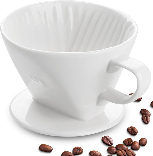 Handmade Pour Over Ceramic Coffee Dripper - Authentic Brewing Experience for Camping, Office, and Home (White)