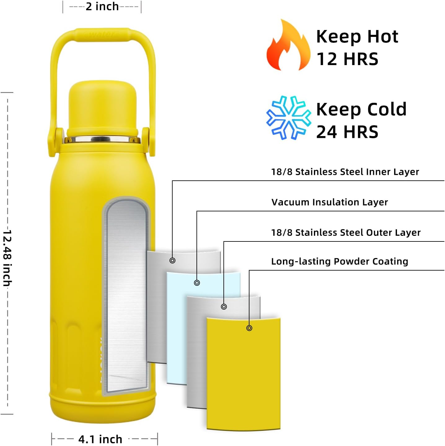 BJPKPK Insulated Thermos Water Bottle Double Wall with Handle and Lid 50oz Stainless Steel Water Bottles for Cold and Hot Beverages,Yellow