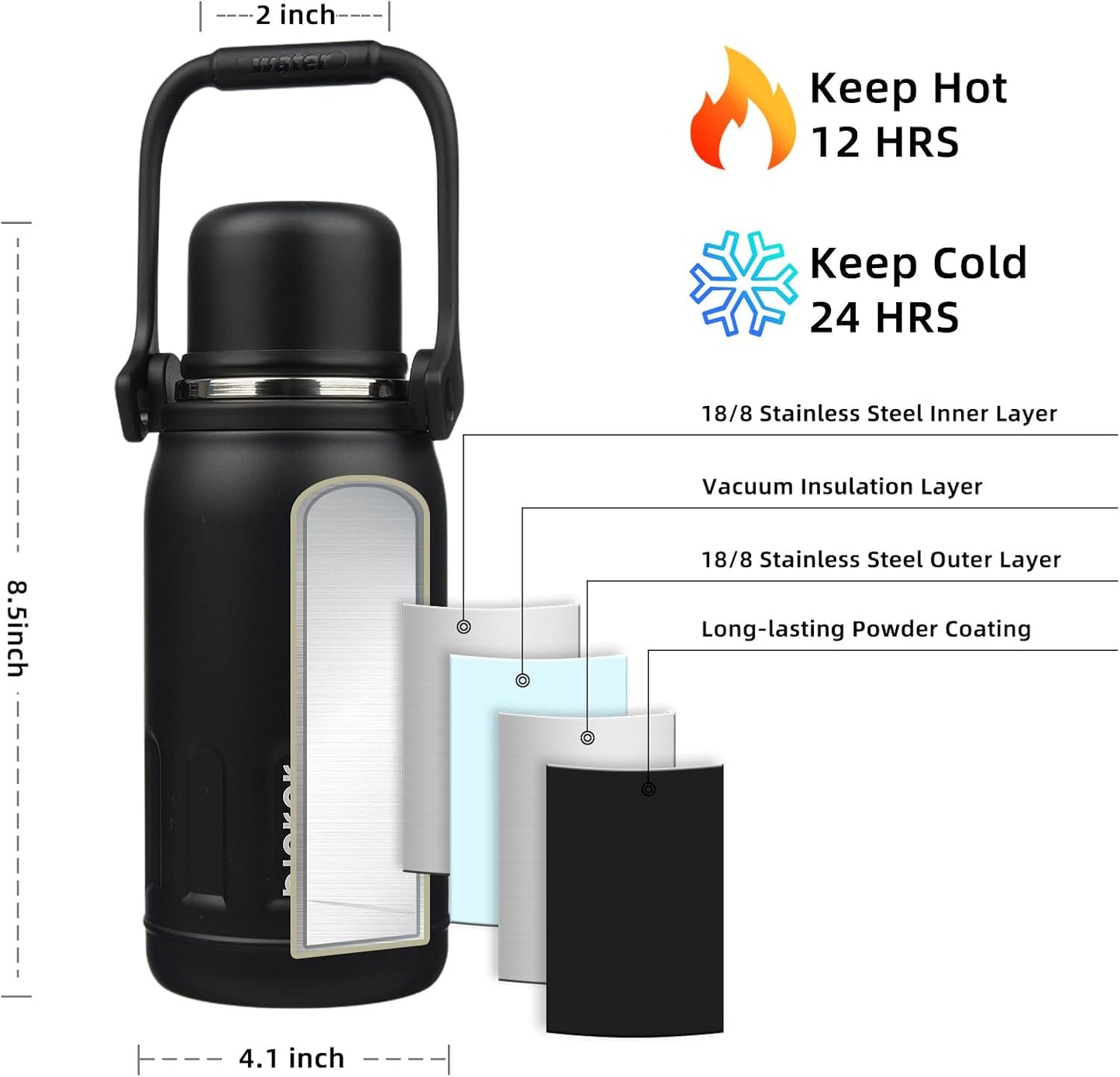 BJPKPK Insulated Water Bottle Leak Proof 27oz Stainless Steel Water Bottles with Handle and Lid Travel Metal Thermos,Black