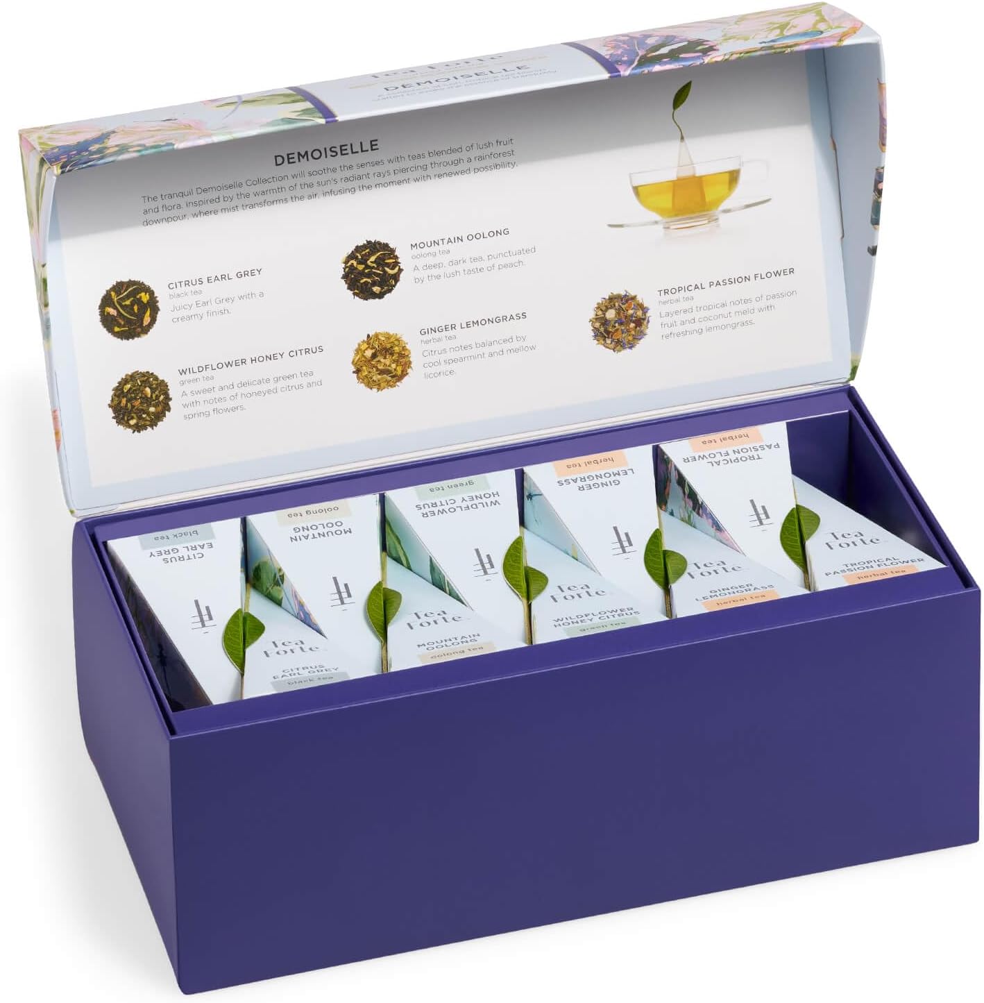 Tea Forte Demoiselle Premium Tea Presentation Box Tea Gift Sampler, 20 Count, 2 of Each Variety Individually Wrapped Handcrafted Pyramid Infuser Bags