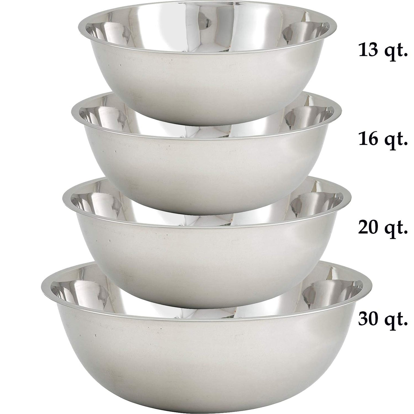 Tiger Chef Large Stainless Steel Standard Weight Mixing Bowls Set, Mirror Finish - Set Includes 13, 16, 20, and 30 Quart.