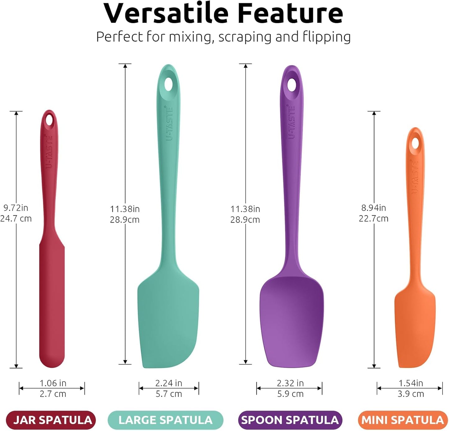 U-Taste Heat Resistant Silicone Spatula - 600ºF Hot-Proof Food Grade Kitchen Baking Bowl Scraper, Flexible and Sturdy Rubber Cooking Utensil for Mixing Scraping in NonStick Cookware (4 Pcs, Colorful)
