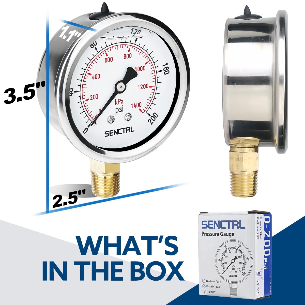 SENCTRL 0-200 Psi Glycerin Liquid Filled Pressure Gauge, 2.5" Dial Size, 1/4" NPT Lower Mount, Stainless Steel Case, for Water Oil Pressure Test in Pipe Pool Pump Sand Filter Air Compressor