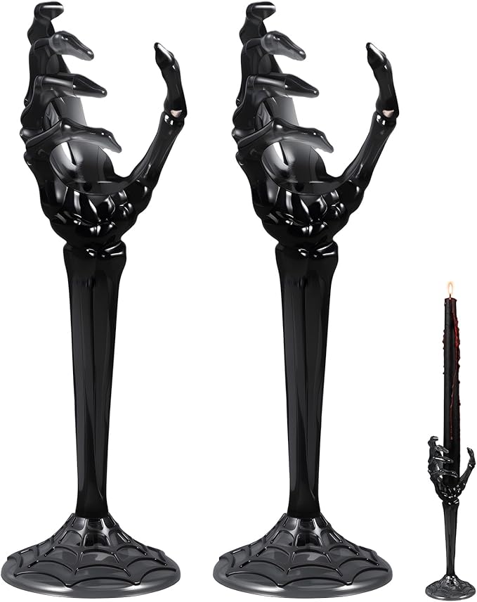 LemonRoad 2 Pcs Halloween Skull Candle Holders Halloween Table Centerpieces Fireplace Decorations Skeleton Gothic Decor Horror Skeleton Skull Candlestick Holders for Home Office Bar Party Supplies