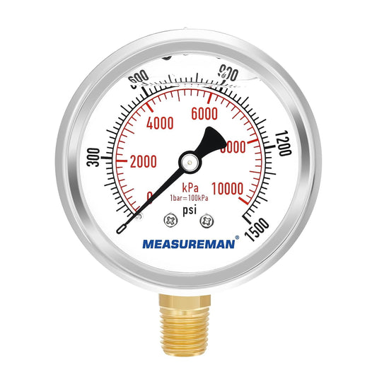 MEASUREMAN 2-1/2" Dial Size, Glycerin Filled Pressure Gauge, 0-1500psi/kpa, 304 Stainless Steel Case, 1/4" NPT Lower Mount