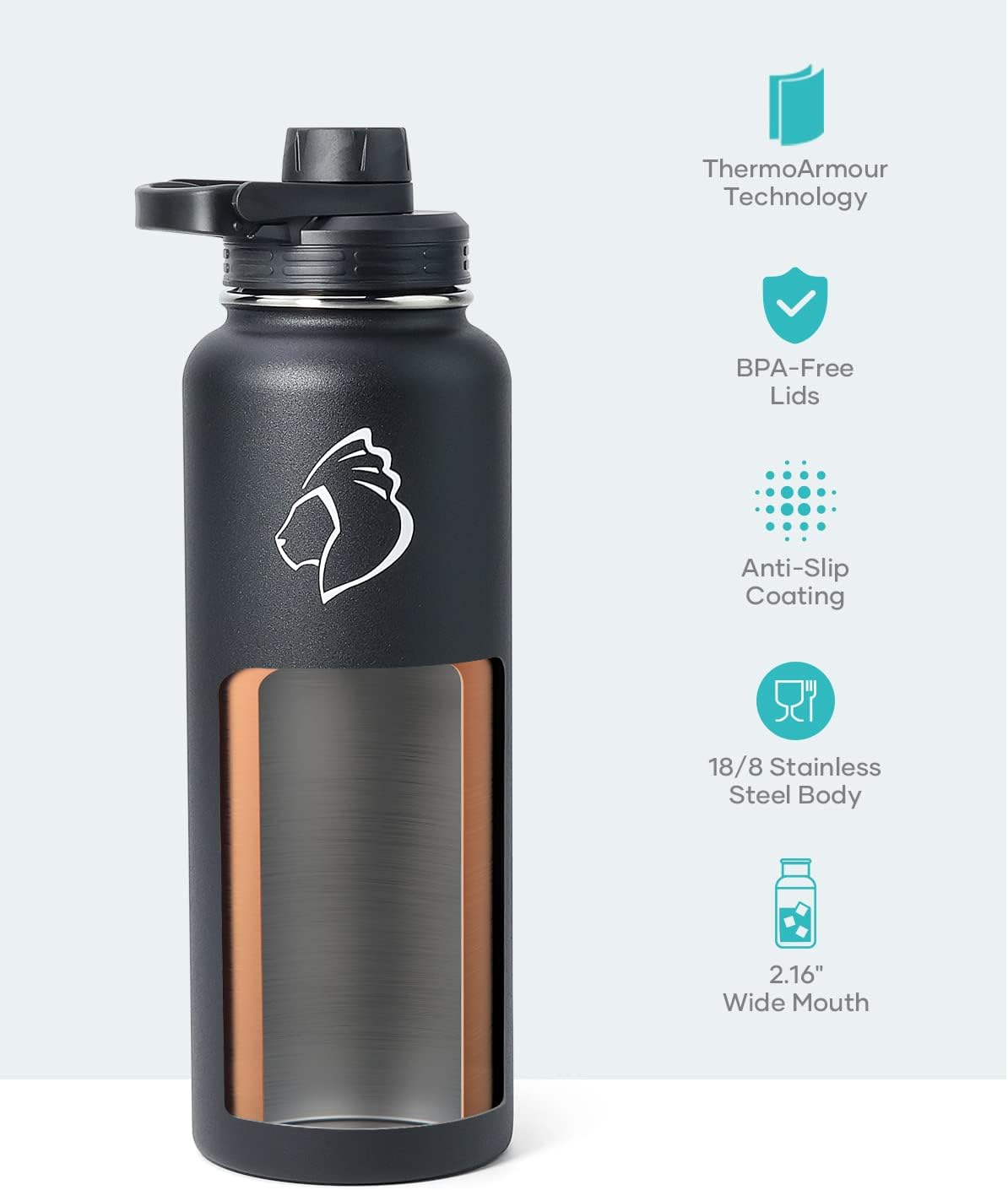 BUZIO 40 oz Water Bottle Insulated with Straw & 3 lid and Carrying Pouch, Leak Proof Anti-Slip Stainless Steel Water Flask Jug, Cold for 48 Hrs Double Vacuum Thermo Canteen, BPA-Free, Black