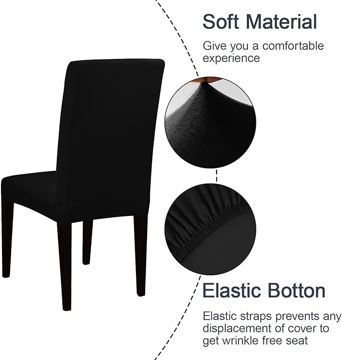 JQinHome 6 Pcs Dining Chair Slipcover,High Stretch Removable Washable Chair Seat Protector Cover for Home Party Hotel Wedding Ceremony (Black)