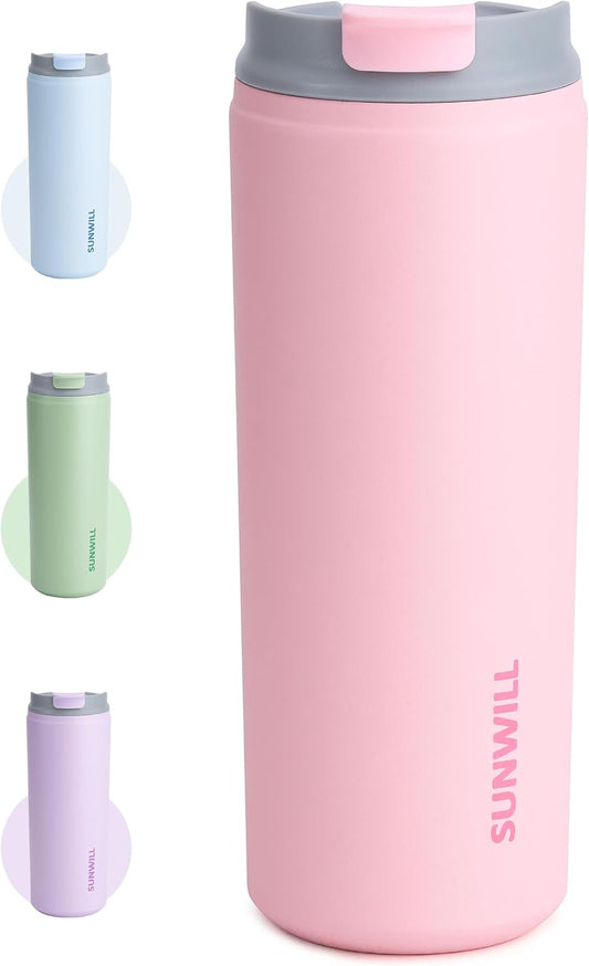 SUNWILL Travel Coffee Mug with Lid, Stainless Steel Coffee Tumbler Cups Leakproof 16 oz, Powder Coated Light Pink