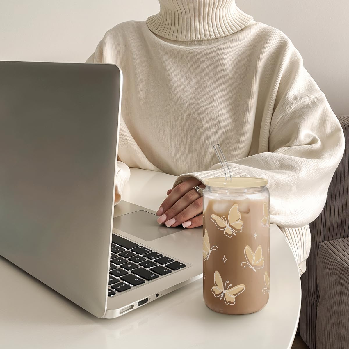SANDJEST Butterfly Glass Can, Iced Coffee Aesthetic,Cup, Gifts for Christmas Birthday, Gift for Women Girls, 16oz