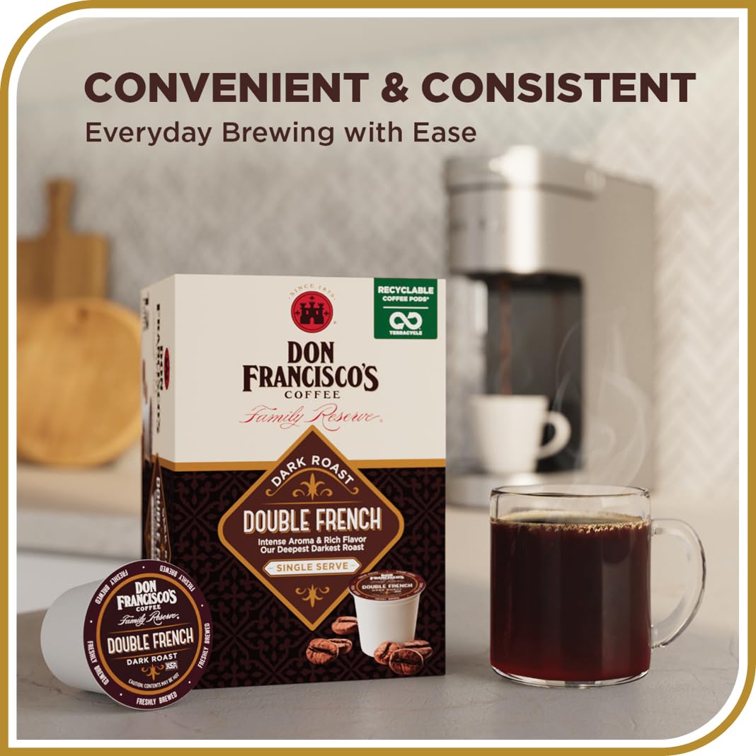 Don Francisco's Double French Dark Roast Coffee - 72 K-Cup Compatible Single-Serve Pods - Bold, Smoky Flavor - 100% Arabica - Recyclable - Rich Aroma, Full-Bodied Taste - Compatible with Keurig Brewers