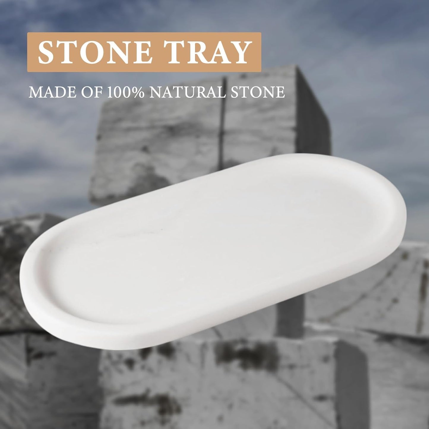 Koville Natural Marble Tray for Bathroom Decor Countertop, Vanity Tray Italy Oval Stone Trays for Candles Perfume, Storage Trays for Cosmetics, Jewelry, Decorative Tray for Dresser Organizer(White)