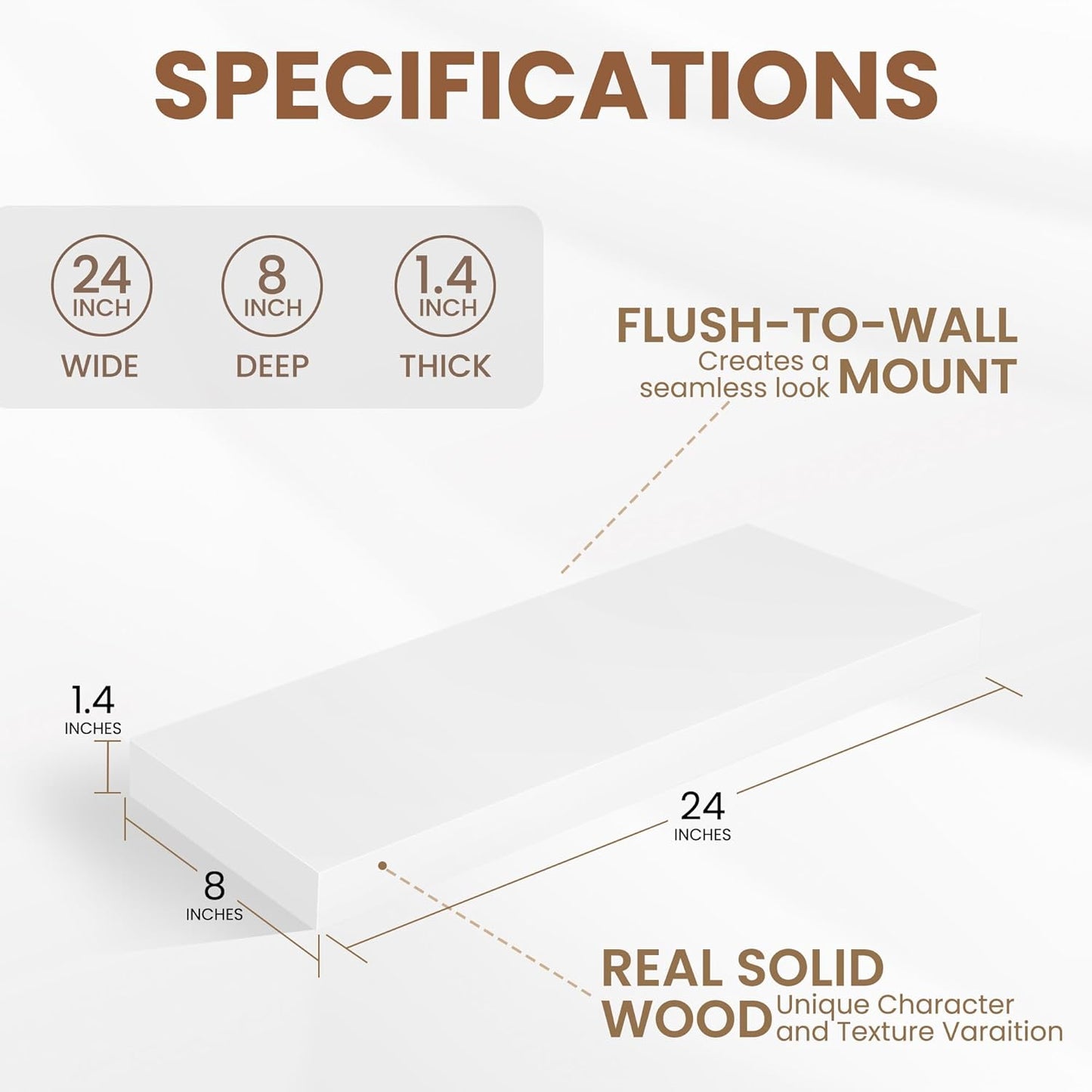 Fun Memories Rustic Floating Shelves for Home Decor, 8 Inch Deep Floating Shelf, Solid Wood Floating Wall Shelves 24 Inch Long, Deep Wall Shelves for Bathroom, Living Room, White Finsh, Set of 2