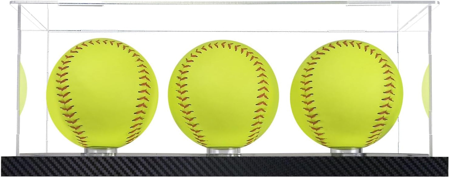 Softball Display Case for 3 Pack in one, Arcylic Softball Holder Stand UV Protected Clear Display Cube for Softball Baseball Tennis Ball Sports Ball Storage with Carbon Fiber Skin Base and Mirror Base