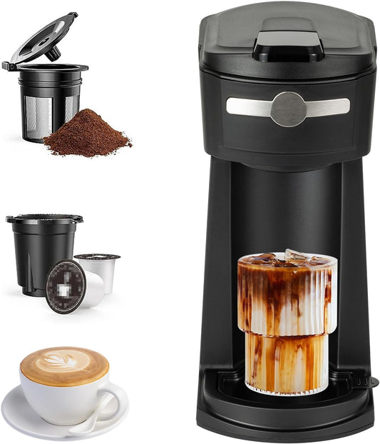 Single Serve K Cup Coffee Maker 2 in 1Machine,6 to 14 0z Brew Sizes,Auto Shut Off& Reusable Filter,Use Coffee Capsule&GroundCoffee&Loose Leaf Tea,Iced Coffee,Black