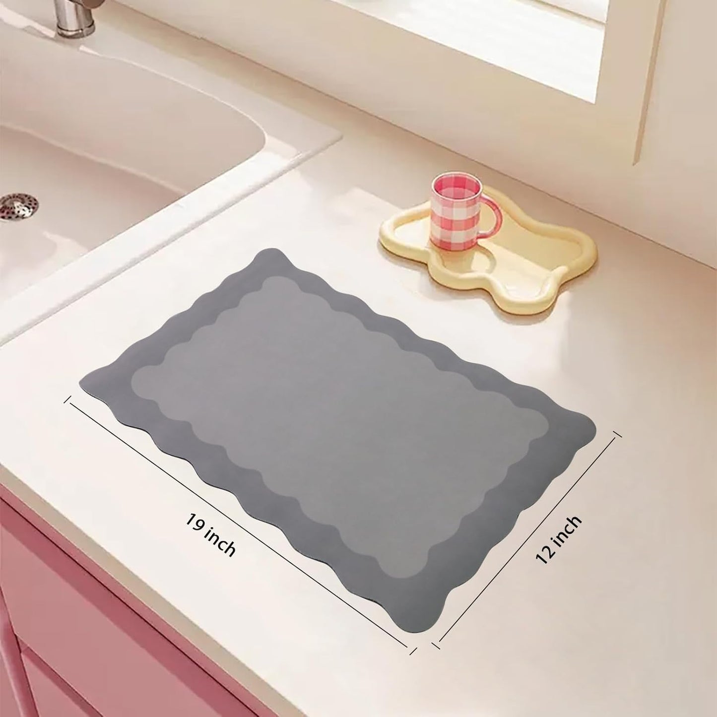 Scalloped Coffee Bar Mat for Countertop, Cute Dish Drying Mats for Kitchen Counter, Diatomite Absorbent Mat for Coffee Station, Kitchen Aesthetic Decor (12"x19", Grey)