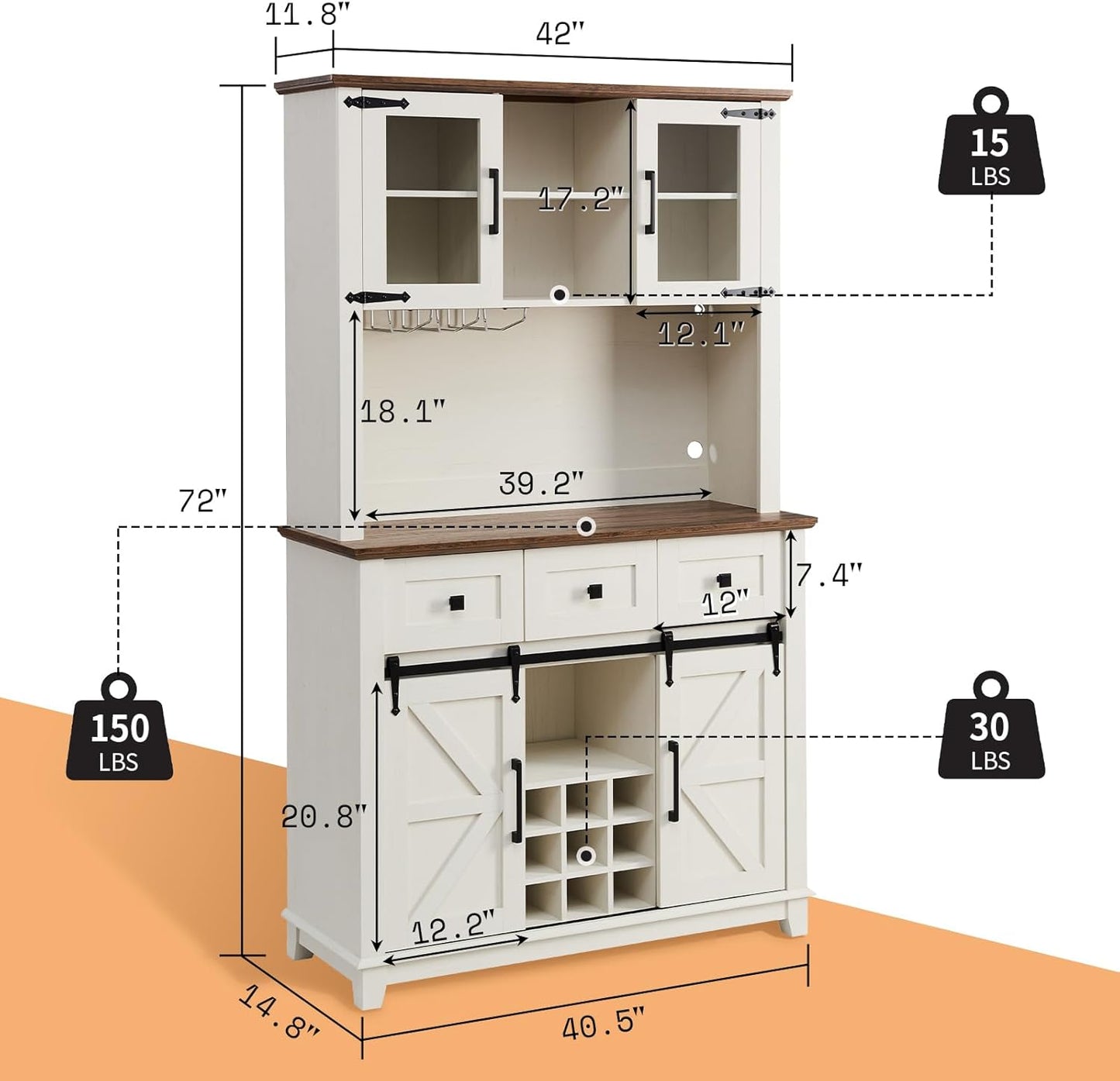 AMERLIFE 72" Coffee Wine Bar Cabinet with Sliding Barn Door, Farmhouse Kitchen Sideboard, Buffet Storage Table, 3 Drawers, LED Lights, Tall Hutch Home Bar for Dining Room, White