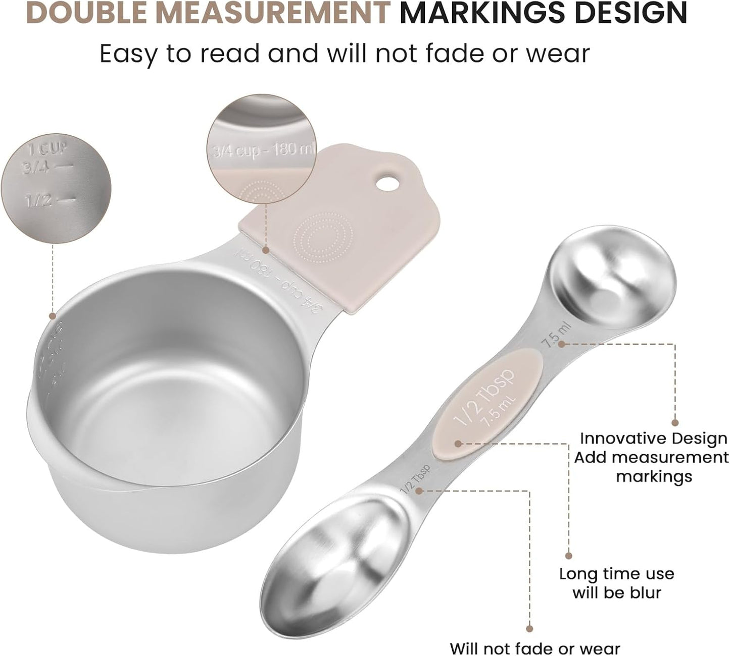 Magnetic Measuring Cups and Spoons Set-Heavy Duty 304 Stainless Steel，Double Measurement Markings，Set of 16 with Leveler for Measure Dry and Liquid Ingredients (khaki)