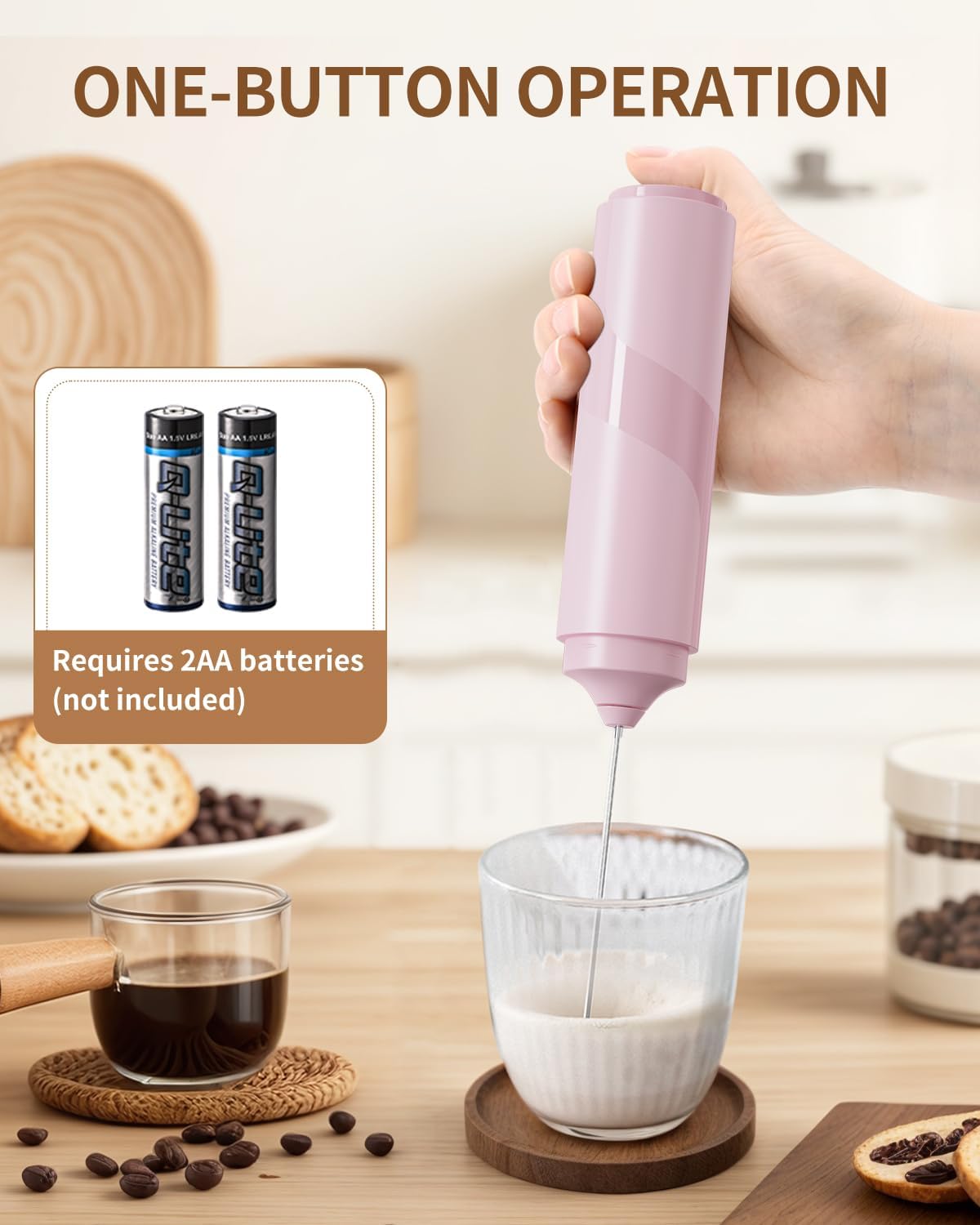 CIRCLE JOY Portable Milk Frother Hanheld, Battery Operated Electric Coffee Frother Wand Drink Mixer for Matcha Lattes Cappuccino, Kitchen Gifts, Pink