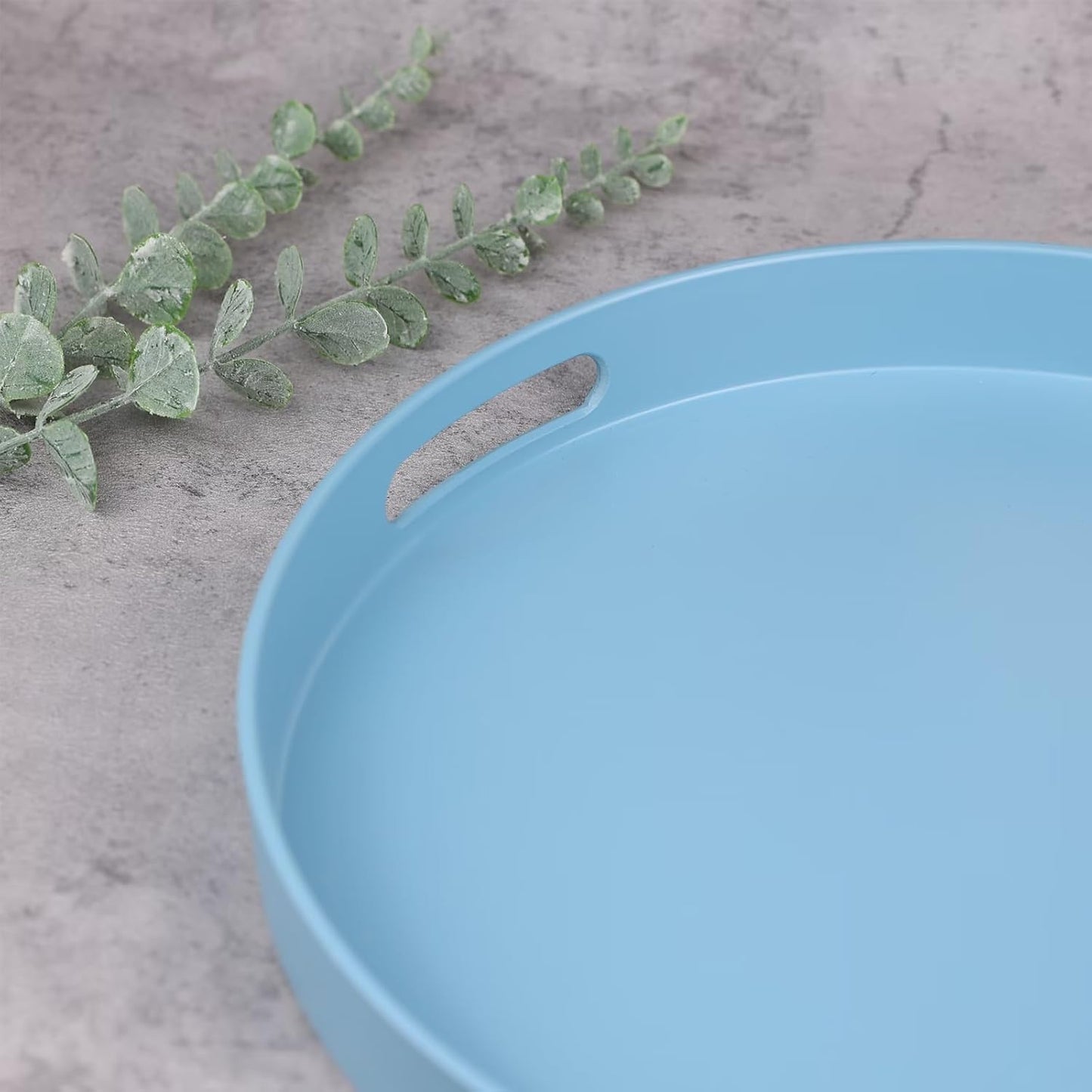 Round Blue Decorative Serving Tray with Handles, 13” Versatile Ottoman Tray for Coffee Table, Entertaining, Outdoor Patio, Living Room