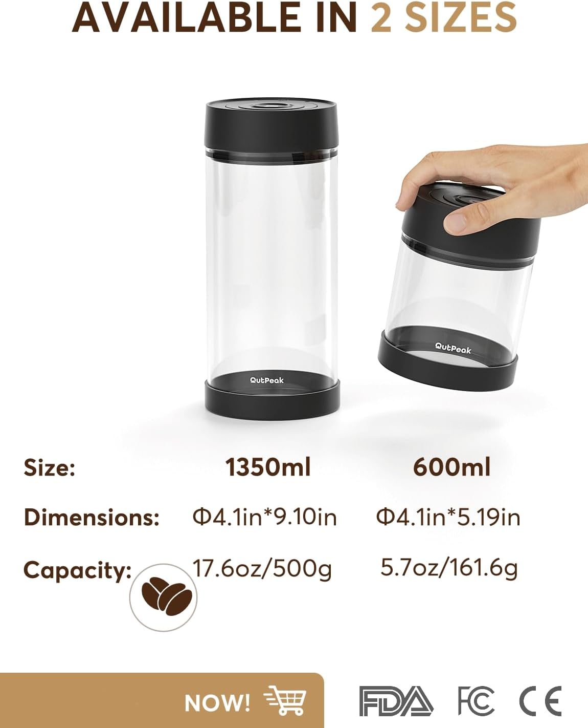 OUTPEAK Neo 2025 Automatic Vacuum Coffee Canister, 1.35L for 17.6oz Coffee Beans, One-Button Operation,Large Airtight Coffee Canister with Scoop,Coffee Storage Container Clear Glass(Champion's Choice)