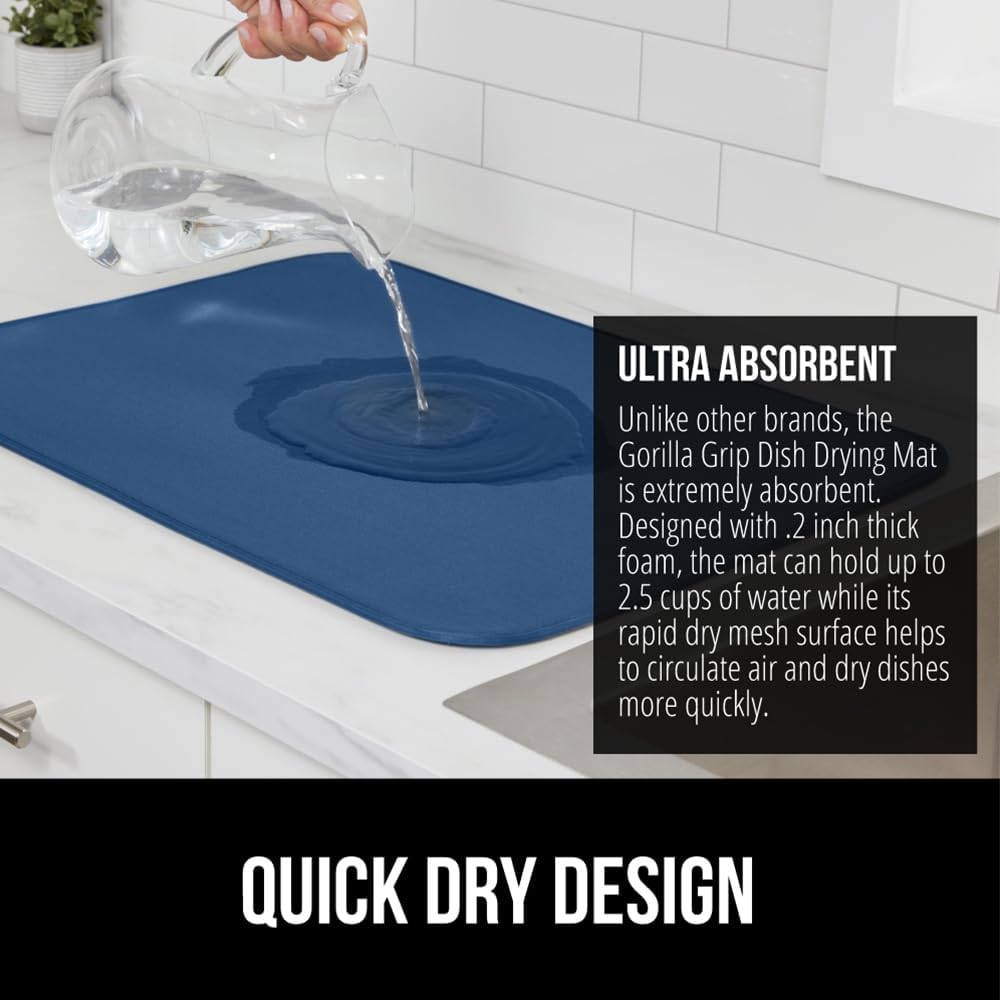 GORILLA GRIP Ultra Water Absorbent Microfiber Dish Drying Mat, 18x24, Quick Dry Thick Mesh, Slip Resistant Pad for Sink Dishes or Under Rack, Kitchen Counter Accessories, Machine Wash, 2 Pack Blue