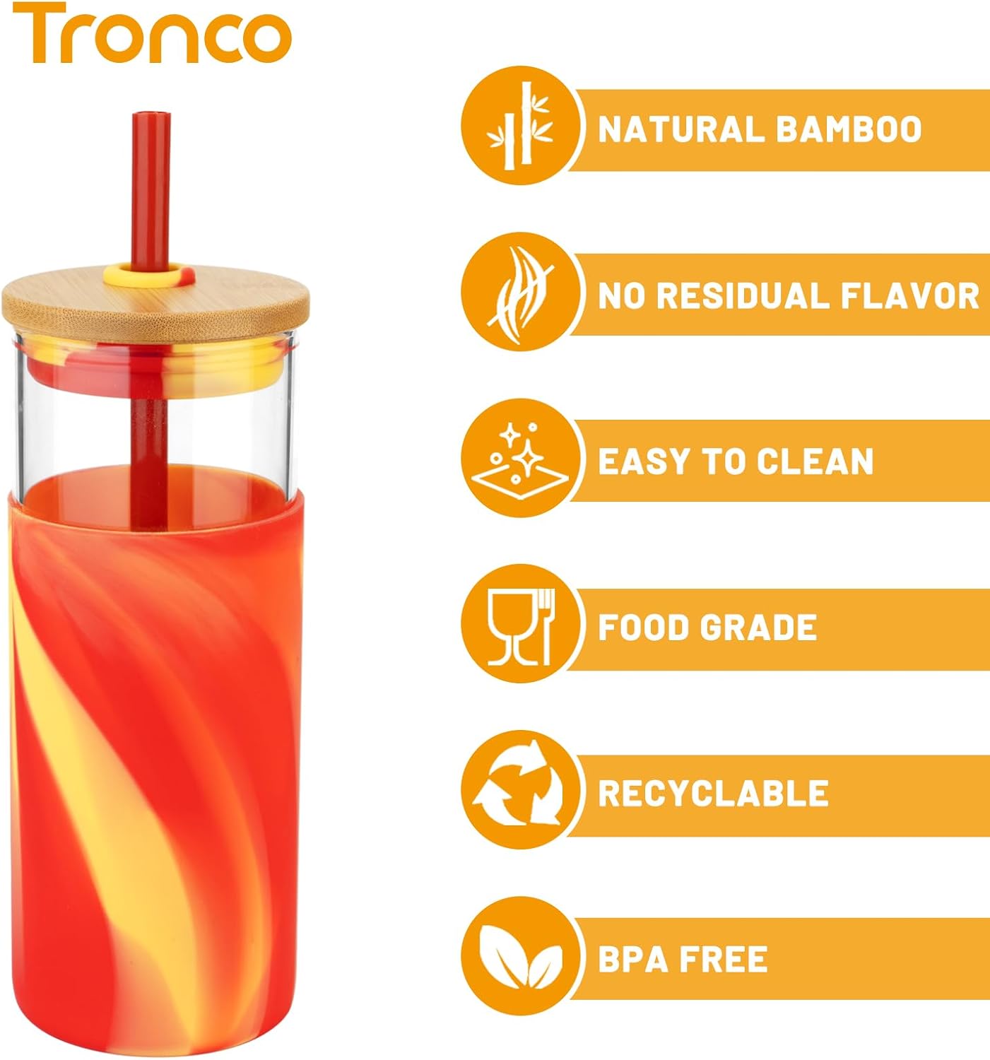 Tronco 20 oz Glass Tumbler with Straw and Lid- Glass Cup with Lid and Straw, Iced Coffee Cup Reusable, Smoothie Cups, Bamboo Lid and Protective Silicone Sleeve - BPA-Free