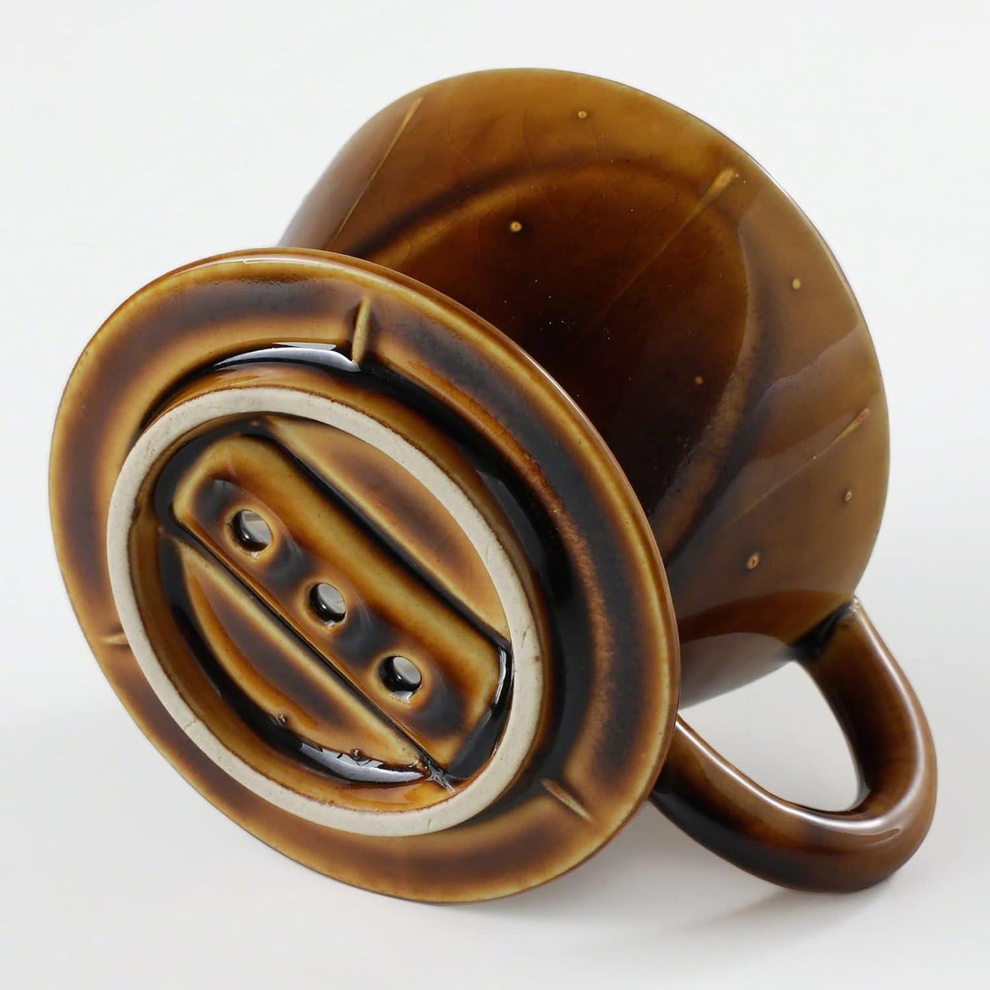 Asayu Japan Ceramic Coffee Pour Over Maker Set in Caramel, Slow Brewing Paper Filter Holder and Dripper with 3 Holes for Coffee and Tea (Complete 2PCS Set)