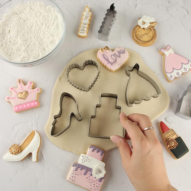 12 Wedding Cookie Cutters Shapes Set for Baking Including Bride and Groom Diamond Ring Wedding Cake Candle Wedding Dress Champagne Glasses Lipstick Heels Etc.