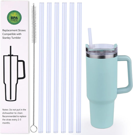 AIERSA 6 Pack Silicone Replacement Straws for Stanley 20 30 40oz Cup,Reusable Straws Compatible 40 oz Stanley Tumbler,Long Straw with Cleaning Brush for Stanley Cup Accessories