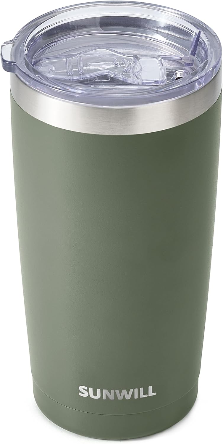 SUNWILL Travel Coffee Tumbler 20 oz, Insulated Mug with Lid, Stainless Steel Iced Cup for Outdoor, Powder Coated Camp Green