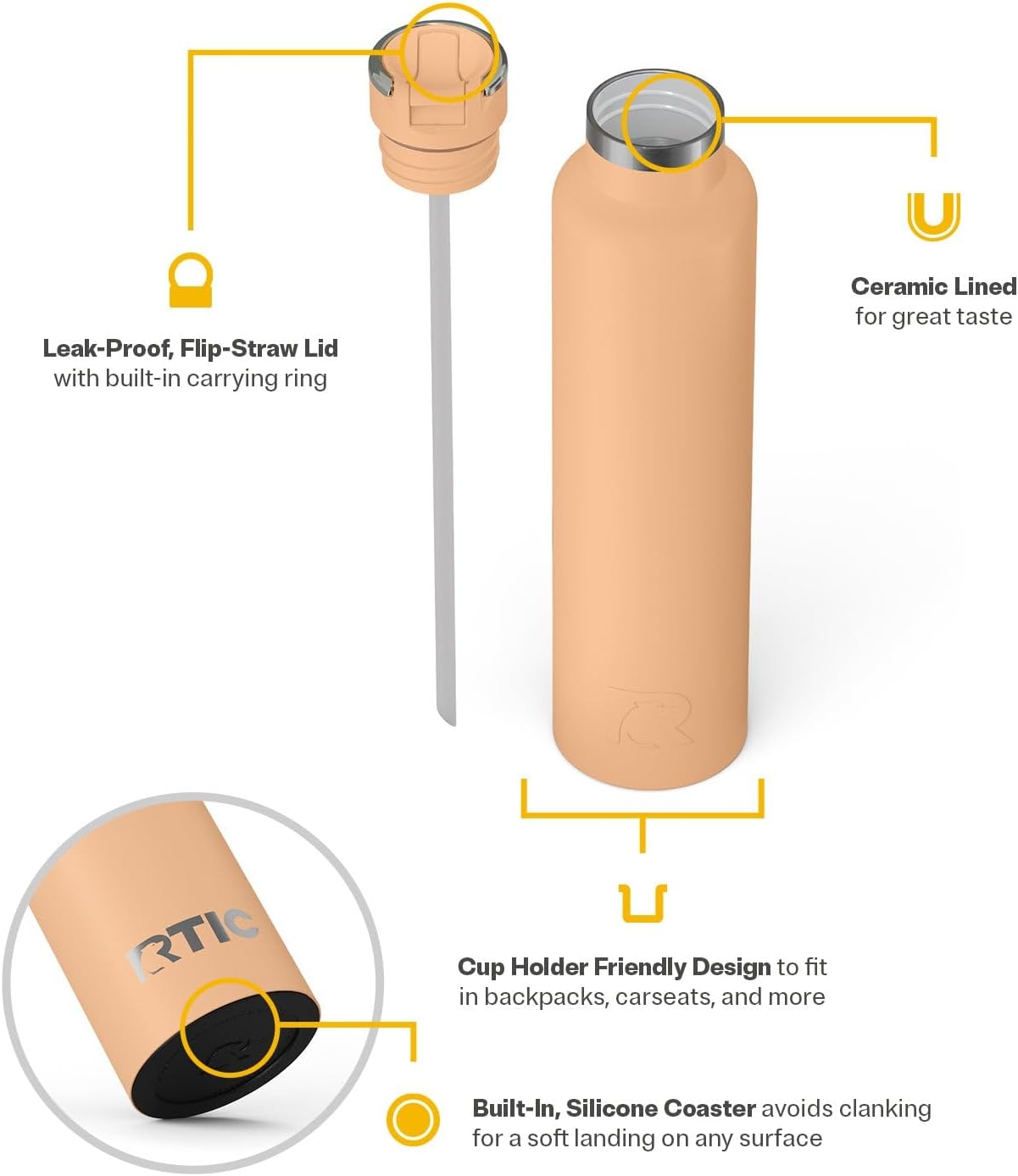 RTIC 26oz Journey Bottle Metal Stainless Steel Vacuum Insulated, BPA Free, Reusable, for Water, Hot and Cold Drinks, Travel, Sports, Camping, Peach Tea